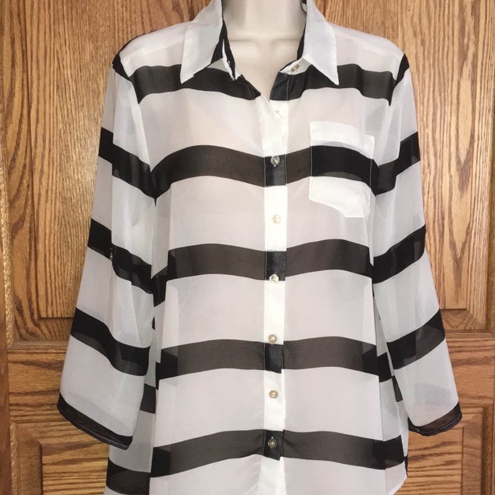 Deb Sheer Blouse White black stripes sz L